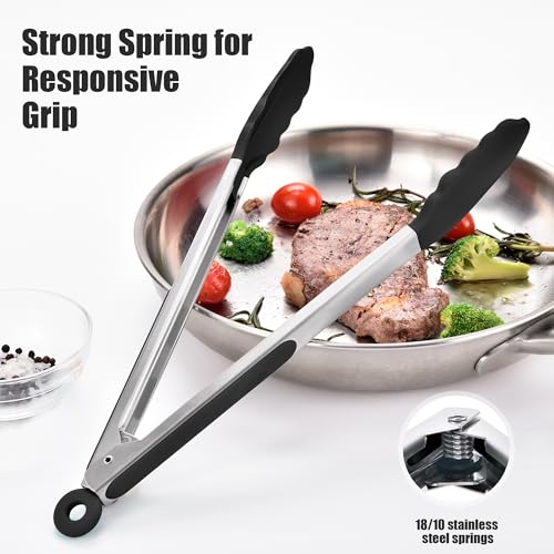 Kitchen Tongs with Silicone Tips for Cooking Serving (12in / Black)
