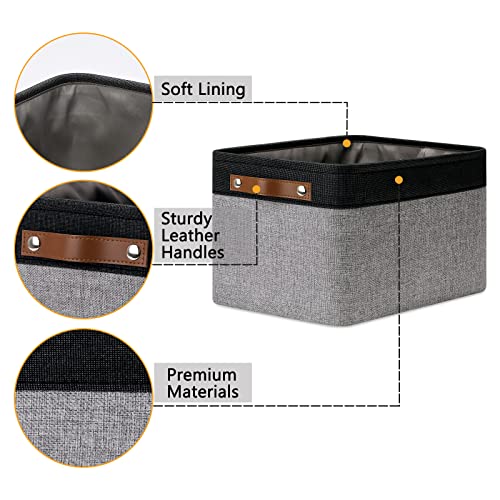 4 Pack Large Canvas Storage Bins with Handles 15"x11"x9.5" Fabric Storage Baskets for Shelves Cloth Bins for Organizing (Black&Grey / L-15"x11"x9.5")