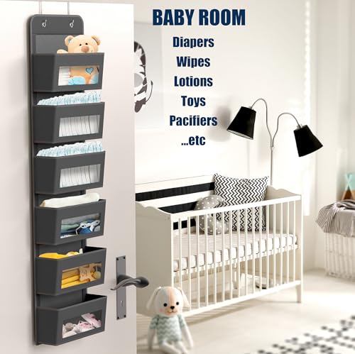6 Clear Pocket Over Door Hanging Organizer (6 Pockets / Dark Gray)