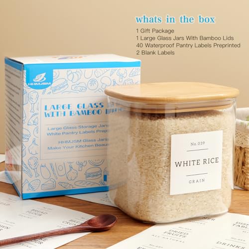Large Glass Flour and Sugar Containers with 42 Kitchen Pantry Labels (85OZ)