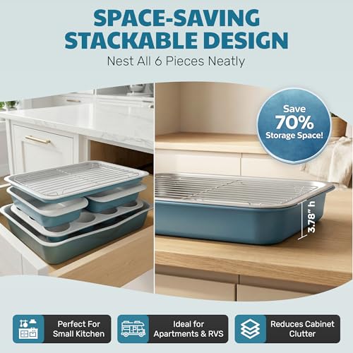 Nonstick Bakeware Set 6 Pc Stackable (Blue / Gray)