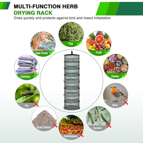 8 Layer Herb Drying Rack Hanging Mesh Net Foldable Plant Drying Racks 24" w Green Zipper Pruning Shears Hook Dryer Hanging Rack for Herbs Seed Bud Fruit Clothes Grow Tent Closets Garden Outdoor