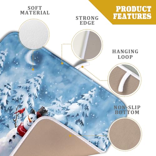 Blue Snowman Dish Drying Mat Winter Pine Tree Drainer Rack Mats 16x18 Inch Absorbent Fast Dry Dish Pad Protector Kitchen Counter Accessories (Winter Blue Snowman / 16" x 18")