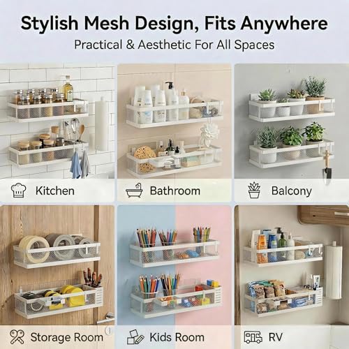 5-in-1 16.5" Extra Long Slim Wall Mount Wrapped Mesh Kitchen Organizer & Shower Caddy Kit, with Paper Towel Holder, Utensil Holder, Soap Dish, Holds 50LBS - White, Netting (White / 5-in-1 Full Mesh (16.5" Extra Long))