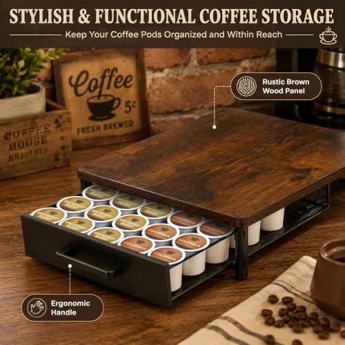 Coffee Pod Storage Drawer for Keurig K (Rustic Brown - 35 Pods Capacity)