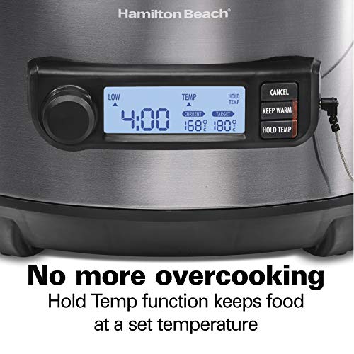 Portable 6 Quart Set & Forget Programmable Slow Cooker (Temp Tracker, Black Stainless)
