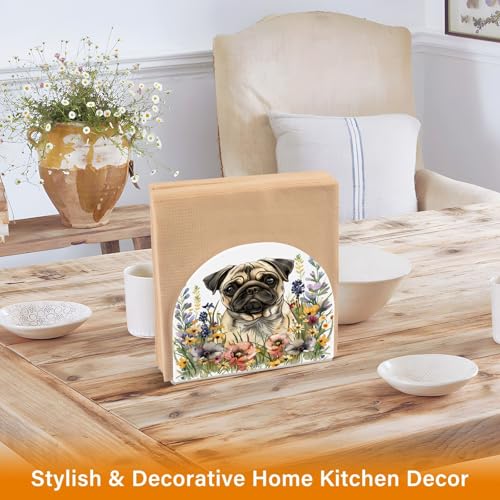 Pug Dog Wild Flowers Napkin Holder for Table Paper Napkins Holder Acrylic Tissue Dispenser Kitchen Dining Room Bathroom Party Car Decor (NH078 / 4.1x4.9x1.97in)