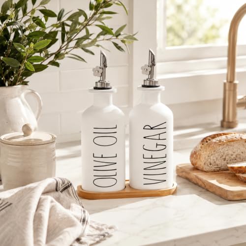 Premium Olive Oil Dispenser for Kitchen (White&Silver+Tray / 11.8 fl oz)