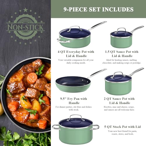 9pc Cookware Set Healthy Duralon Blue Ceramic Nonstick Coated (9 Piece Cookware Set / Rosemary Green)