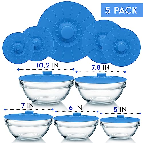 Silicone Bowl Lids Blue Set of 5 Reusable Suction Seal Covers for Bowls (5 Piece / Blue Translucent)