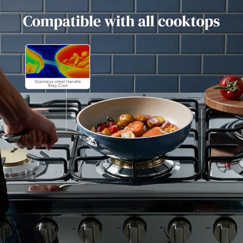 Ceramic Frying Pans Set Nonstick with Lid 4Pcs Cooking Pan Skillets (Blue / 8/9.5/11" with Lid)