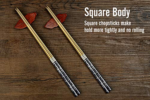 Chopsticks Reusable Titanium Plated Metal Chopsticks 304 Stainless Steel Chopstick Dishwasher safe Japanese Korean lightweight Engraved Anti (Black/Gold)