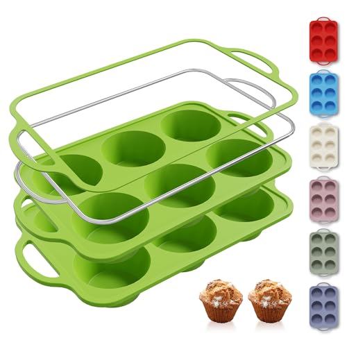2 Packs 6 Cups Silicone Muffin Pan with Metal Reinforced Frame Jumbo Size Cupcake Pan Tray Egg Bites Silicone Circle Cookie Molds Muffin Tin Tart Pans Baking Sheet Set for Breakfast Sandwiches (2pc: 6-Cup Jumbo / Green)