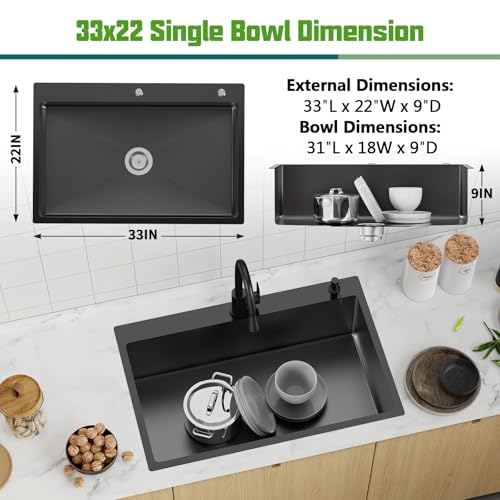 Black 33x22In Drop In Kitchen Sink (33x22 Black)