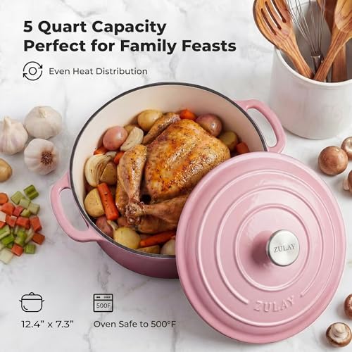 5 Quart Enameled Cast Iron Dutch Oven Pot with Lid (Pink / 5 Quart)