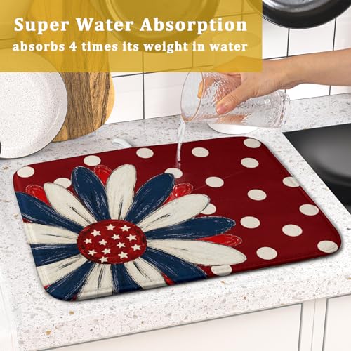 Patriotic Dish Drying Mat 16 x18 In Red and Blue Daisy Microfiber Kitchen Draining Mat for Countertops (Patriotic Floral Red / 18" x 16")