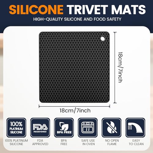 Silicone Trivet Mats 4 Heat Resistant Pot Holders Multipurpose Non (Dark Black)