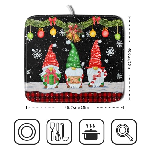 Merry Christmas Dish Drying Mat Black Gnomes Dish Drainer Mats 16x18 Inch Holiday Decorative Absorbent Dishes Pad for Kitchen Counter Sink (Christmas Black Gnomes / 16" x 18")