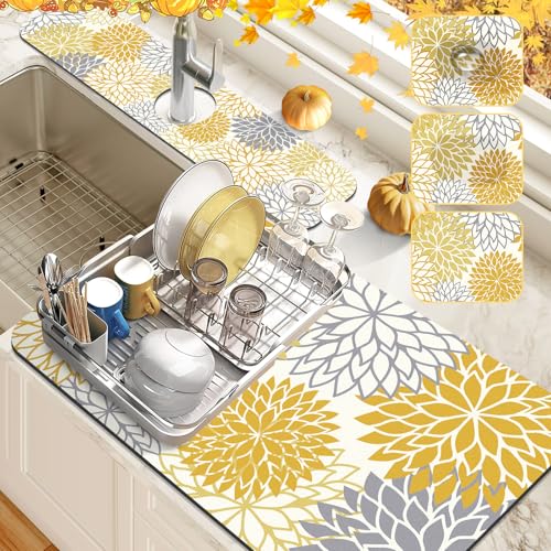 2Pcs Fall Dish Drying Mat & Sink Splash Guard (Yellow / 16" X 24" + 24" X 5.5")