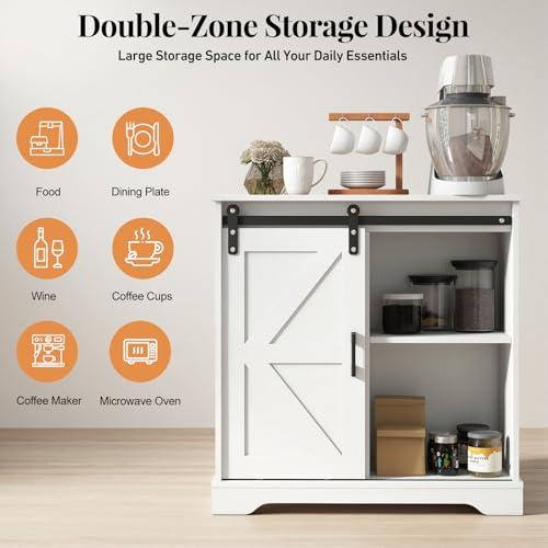 Sliding Barn Door Buffet Sideboard Storage Cabinet Coffee Bar Kitchen Farmhouse Style (White)