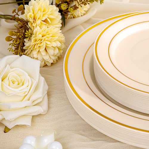 200PCS Gold and Ivory Plastic Plates (Ivory Gold / 200 Pcs)