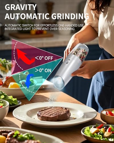 Gravity Electric Salt and Pepper Grinder Set with 2 (Rechargeable / Silver Variable Speeds)