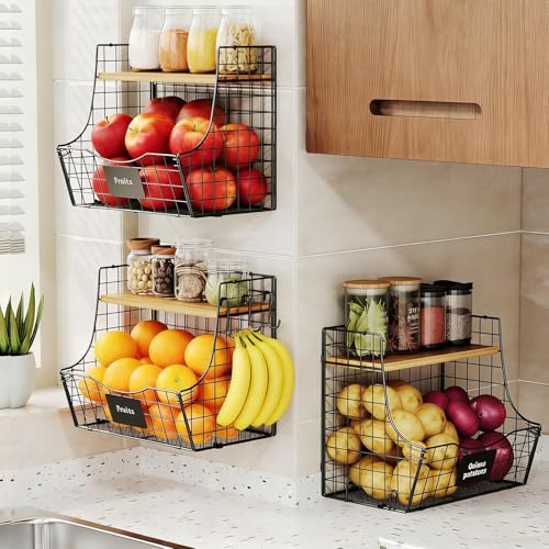3 Pack wire Fruit Basket for Kitchen with Wood Lid (L-Black)