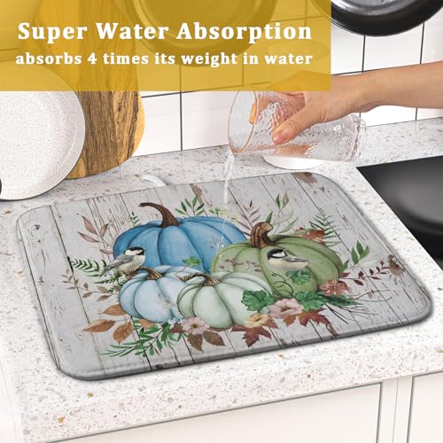Fall Blue Pumpkin Dish Drying Mat 16x18 inch Autumn Harvest Dish Rack Mats Reversible Microfiber Drainer Pad for Kitchen Countertop Decor (Blue Pumpkin / 16" x 18")