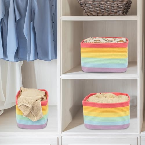 Woven Cotton Rope Storage Baskets 15x10x9.3" 3 Pack Rainbow (Rainbow red)
