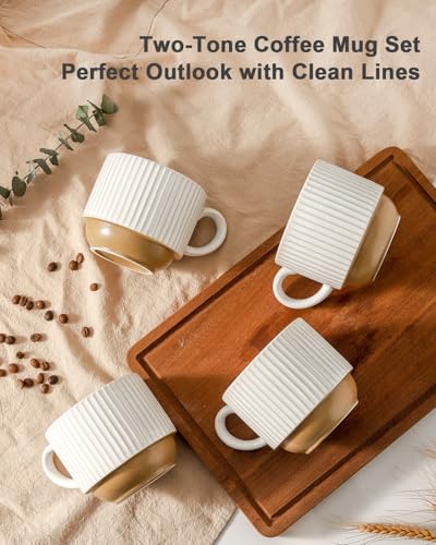 15 oz Ribbed Stackable Ceramic Coffee Mug Set of 4 (White & Light Brown / 15 Ounces)