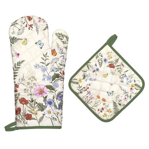 Wildflower Oven Mitts and Pot Holders Set (Grass / Oven Mitt x1 & Pot Holder x1)