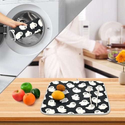 Halloween Cute Ghost Dish Drying Mat for Kitchen Counter Absorbent Microfiber Small Drying Pad Dish mats for Kitchen Countertops 16 x 18 Inch (Halloween Cute Ghost / 18" x 16")