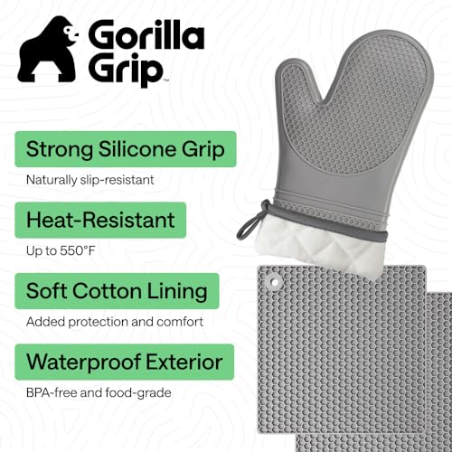 BPA Free Silicone Oven Mitts and Pot Holders Set (Gray / 12.5" Oven Mitts + 7" Trivets)
