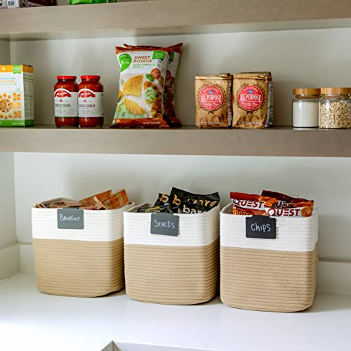 Storage Cubes 11 Inch Cotton Rope Woven Baskets for Organizing (Off White & Tan Brown)