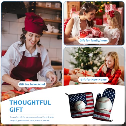 American Flag Baseball Oven Mitts and Pot Holders Sets Heat Resistant 4Pcs Potholders Oven Gloves Hot Pads for Kitchen Baking Cooking Grilling BBQ (American Flag Baseball)