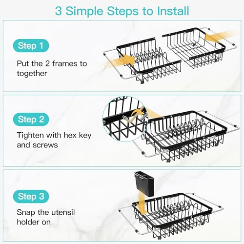 Black Dish Drying Rack Over the Sink with Utensil Holder (Black / For 12.5"-30"w Sink, Expandable)