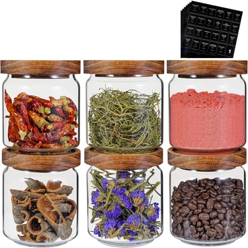 Small Glass Jars with Labels Spice Jar Round Storage Canister with Wooden Lid Clear Glass Food Jar for Pantry Sugar Tea Coffee Bean Spice Nuts Cookies Bath Salts (6*420ml(14oz))
