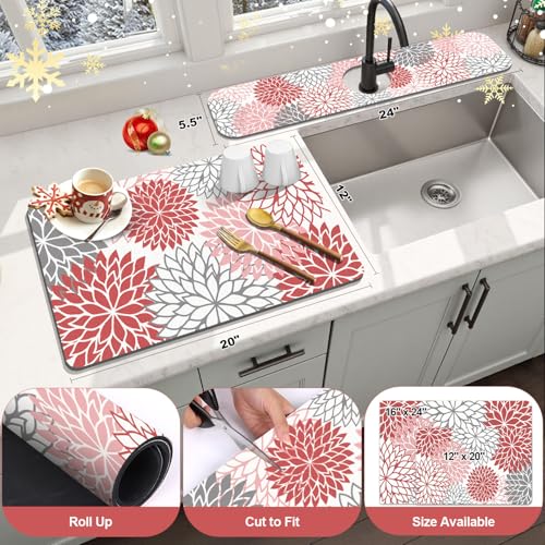 2Pcs Floral Christmas Dish Drying Mat & Sink Splash Guard (Red / 12" X 20" + 24" X 5.5")