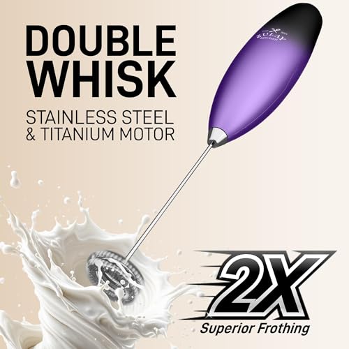 Powerful Milk Frother Wand With Duracell Batteries (Black Purple / Double Whisk + Batteries)