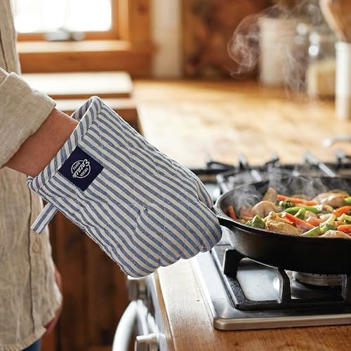 Oven Mitts and Pot Holders Set (Oven Glove + Pot Holder / Ticking Navy Blue)