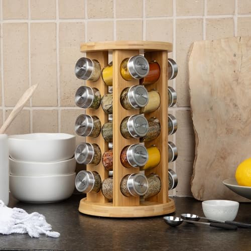 20 Jar Rotating Bamboo Spice Rack with Spices Included & 5
