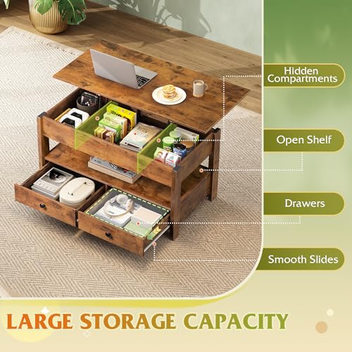 Lift Top Coffee Table with 2 Drawers (Rustic Oak / 39" with Drawer)