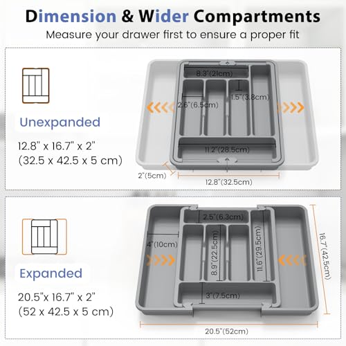 Large Silverware Organizer Tray for Kitchen Drawer Utensils Thicker (Medium Gray)