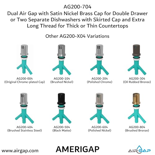 Dual Air Gap with Satin Nickel Brass Cap for Double Drawer or Two Separate Dishwashers with Skirted Cap and Extra Long Thread for Thick or Thin Countertops (AG200-704)