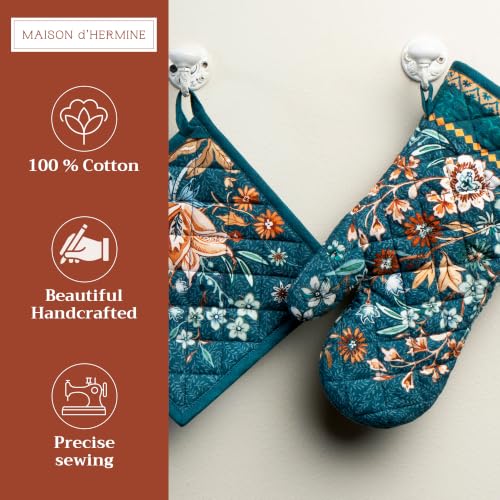 100% Cotton Oven Mitt & Pot Holder Set (048 - Luxury Loft - Dark Teal / 7.5" x 13" & 8" x 8" (Oven Mitt & Pot Holder))