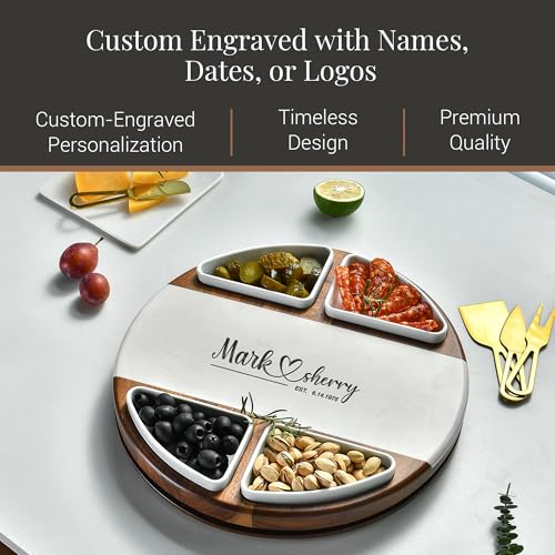 Acacia Wood Lazy Susan Cheese Board Set (Round 13" Marble with Engraving)