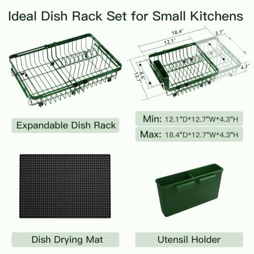 Green Expandable Dish Drying Rack Over Sink with Extra Drying Mat (Green / For 13"-30" W Sink with Mat)