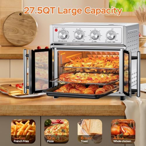 PlumChef 27.5 Quart Extra Large 6 Slices Air Fryer Convection Toaster Oven (Stainless Steel)