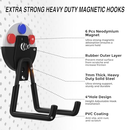 6 Pack Heavy Duty Storage Magnetic Utility Hooks Large Garage Strong Extra Magnet Hooks Hanger with Anti (2.6" Magnet-6 Pack-Black)
