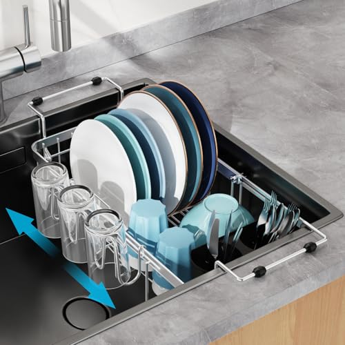 Small Sink Dish Drying Rack with Cup Holder (Silver - With Cup Holder / For 10"-30"W Sinks | 9"W Rack, with Cup Holder)